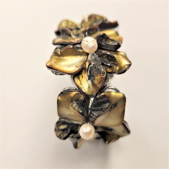 Olive Green Cuff Pearl Adjustable Cuff Bangle Bracelet- NEW - Picture 8 of 10